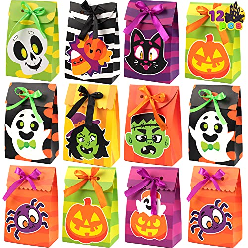 JOYIN Halloween Candy Bags Treat Boxes-12 Pieces Halloween Paper Bags Trick or Treat Halloween Sweet Goodie Bags with Ribbon, Halloween Party Favors Gift Bags