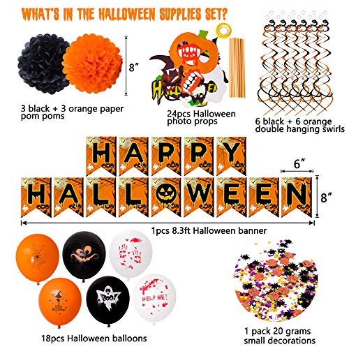 62PCS Halloween Party Decorations Set - Hallowmas Photo Booth Props Banner Balloons Pom Poms Hanging Swirls Spider Pumpkin Ornaments Supplies