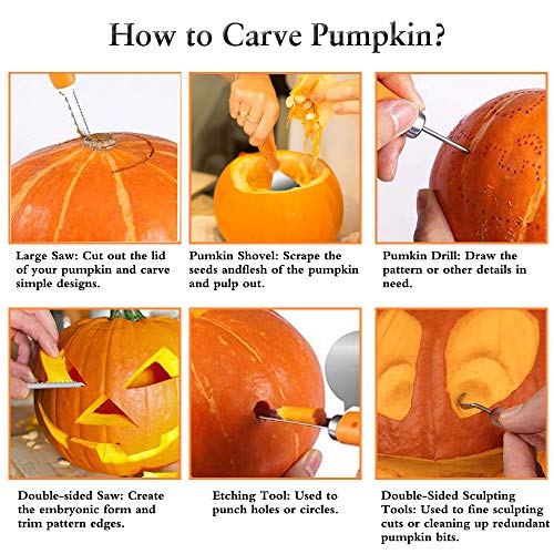 Halloween Pumpkin Carving Kit, 11 Pieces Pumpkin Carving Tools Sets with 12 Pumpkin LED Candles Lights, Professional Heavy Duty Stainless Steel Pumpkin Cutting Knife Supplies for Halloween Decoration