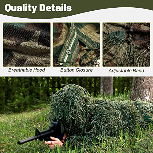 MOPHOTO 5 in 1 Ghillie Suit, 3D Camouflage Hunting Apparel Including Jacket, Pants, Hood, Carry Bag Suitable for Unisex Adults (S/M/L/XL/XXL)