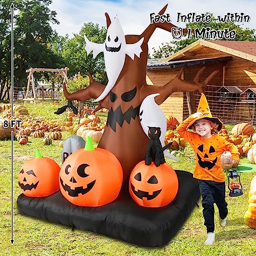 GOOSH 8 FT Halloween Inflatables Outdoor Dead Tree with White Ghosts & Pumpkins, Blow Up Yard Decoration Clearance with LED Lights Built-in for Holiday/Christmas/Party/Yard/Garden