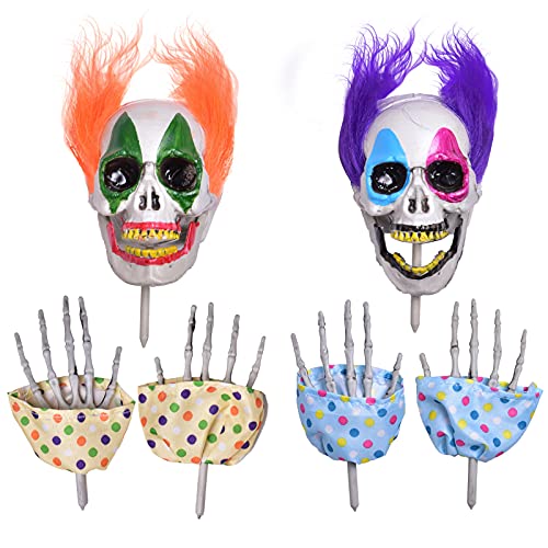 FUN LITTLE TOYS 6 Pieces Scary Clown Halloween Decorations, Creepy Skeletons Clown Heads and Bones Yard Stakes Outdoor Decorations Tombstones Graveyard Pumpkins Decor Props