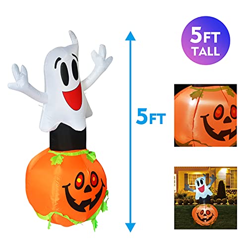 GOOSH 5 FT Tall Halloween Inflatable Cute Ghost Pumpkin with Witch Hat with Build-in LEDs Blow Up for Halloween Party Decorations Halloween Indoor Outdoor