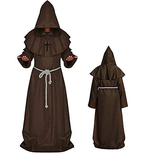 Monk Costume Adult Men Halloween Cosplay Monk Costume Adult Men Brown Monk Costume Aadult Men Hooded Cloak Monk Costume Aadult Men Medival Renaissance Priest Monk Costume Aadult Men Wizard Cape…