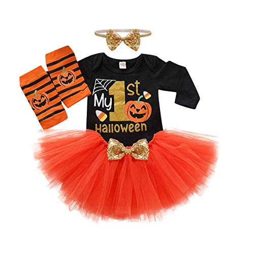 Baby Girls Halloween Outfits My 1st Halloween Romper+ Tutu Dress+ Striated Leg Warmer+ Bunny Headband 4Pcs Outfit Set (3-6 Months, Black&Orange)