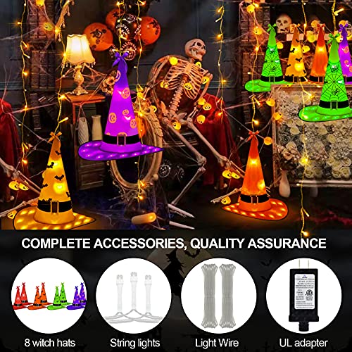 ROADAYLY Halloween Decorations Witch Hat Lights 8pcs 26ft LED Hanging Glowing Large Witch Hats 8 Modes with Waterproof Timer Witch Hat String Lights for Outdoor Indoor Eaves Porch Courtyard Party