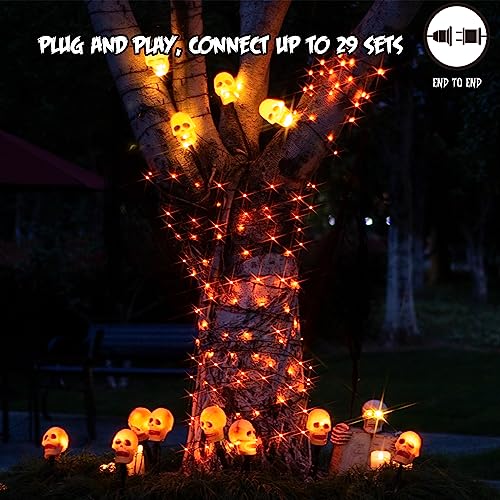 Vanthylit 4PK Halloween Pathway Lights with 20LT Clear Bulbs Lights Skull Stakes Light for Outdoor Halloween Decorations