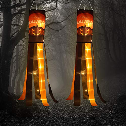 Frienda 2 Pack Halloween Pumpkin Windsock Flag with Warm Yellow LED Lights Outdoor Happy Halloween Hanging Decor for Yard Patio Garden Pathway Party Decoration