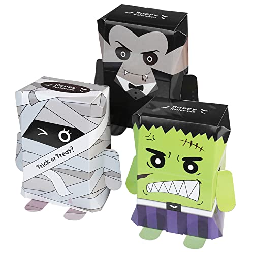 24 PCS Halloween Treat Boxes Red Pumpkin Spider, Ghost and Black Cat Cardboard Box 3.7 inches Halloween Boxes for Cookie Goodie Candy Sweet Crafts Party Favor Supplies (Vampire Mummy Frankenstein)