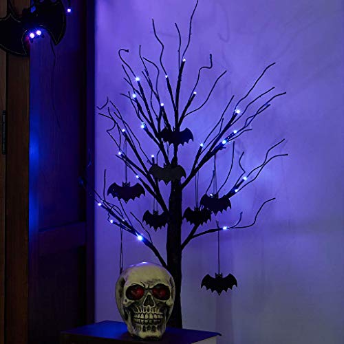 PEIDUO 2 FT Black Halloween Tree with 24 Purple Lights and 8 Bat Halloween Tree Ornaments Light up Bonsai Tree with Timer for Halloween Decorations Indoor Battery Powered