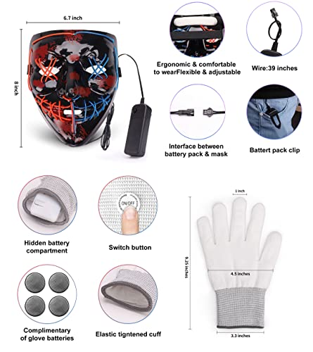 LED Purge Mask light up Skeleton Gloves Costumes, Light Up Halloween Mask and LED Gloves,Anonymous Hacker Scary Scream Halloween Mask Cosplay, Halloween Purge Costume for Men Kids Boys-( Red & Blue)