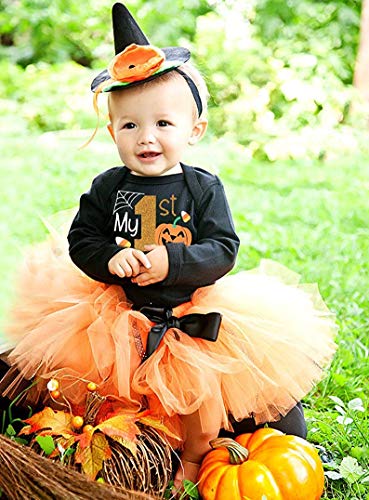 Baby Girls Halloween Outfits My 1st Halloween Romper+ Tutu Dress+ Striated Leg Warmer+ Bunny Headband 4Pcs Outfit Set (3-6 Months, Black&Orange)