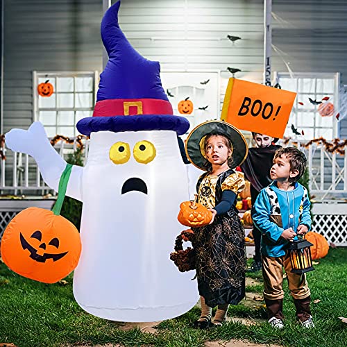 5FT Halloween Inflatable Decorations Outdoor Ghost with Pumpkin Lantern Witch Hat Blow Up Yard Decor for Holiday Party Garden Lawn Garden Outside