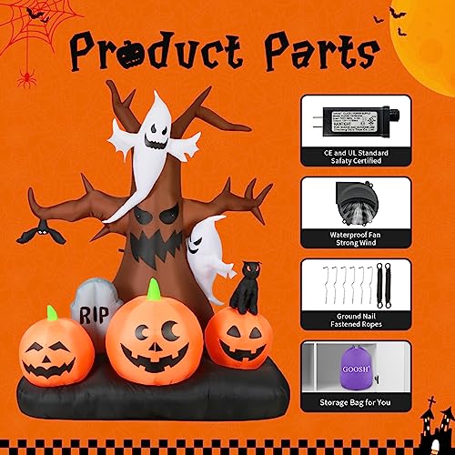 GOOSH 8 FT Halloween Inflatables Outdoor Dead Tree with White Ghosts & Pumpkins, Blow Up Yard Decoration Clearance with LED Lights Built-in for Holiday/Christmas/Party/Yard/Garden