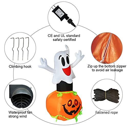 GOOSH 5 FT Tall Halloween Inflatable Cute Ghost Pumpkin with Witch Hat with Build-in LEDs Blow Up for Halloween Party Decorations Halloween Indoor Outdoor