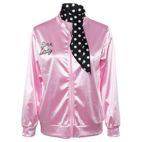 1950S Adult Women Ladies Girls Costume Satin Jacket with Neck Scarf Halloween Fancy Dress Props (Small, Pink)