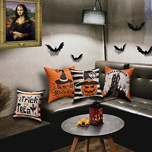 Happy Halloween Pillow Cover 18 x 18 Set of 4 with 4 Bonus Decorative Coasters, Linen Spooky Pumpkin Witch Castle Trick or Treat Pillowcase, Festive Halloween Decorations for Farmhouse