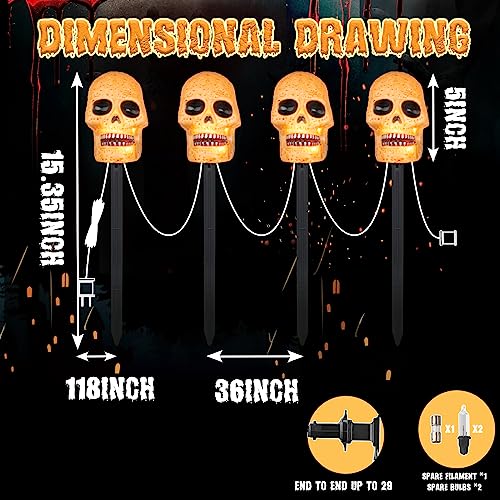 Vanthylit 4PK Halloween Pathway Lights with 20LT Clear Bulbs Lights Skull Stakes Light for Outdoor Halloween Decorations