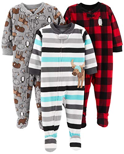 Simple Joys by Carter's Baby Boys' Loose-Fit Flame Resistant Fleece Footed Pajamas, Pack of 3, Animal/Stripe/Buffalo Check, 24 Months