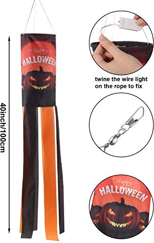 Frienda 2 Pack Halloween Pumpkin Windsock Flag with Warm Yellow LED Lights Outdoor Happy Halloween Hanging Decor for Yard Patio Garden Pathway Party Decoration