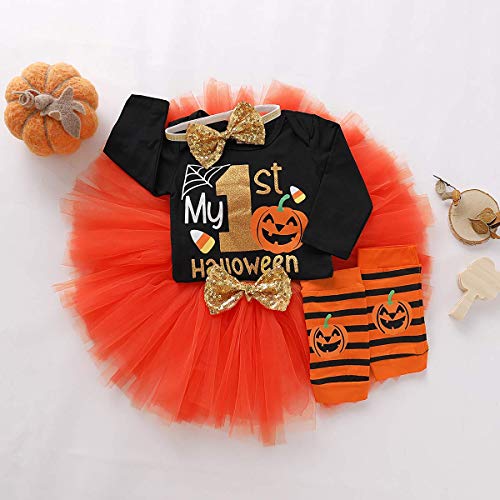Baby Girls Halloween Outfits My 1st Halloween Romper+ Tutu Dress+ Striated Leg Warmer+ Bunny Headband 4Pcs Outfit Set (3-6 Months, Black&Orange)