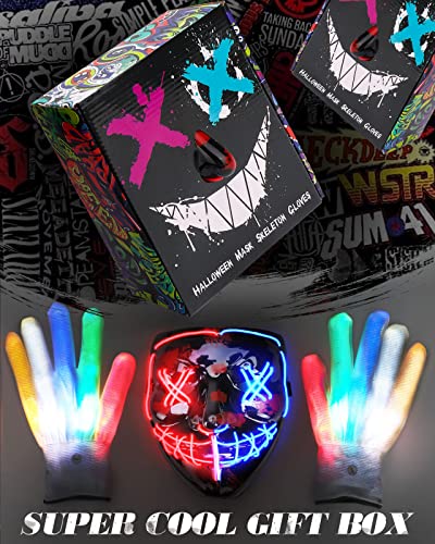 LED Purge Mask light up Skeleton Gloves Costumes, Light Up Halloween Mask and LED Gloves,Anonymous Hacker Scary Scream Halloween Mask Cosplay, Halloween Purge Costume for Men Kids Boys-( Red & Blue)
