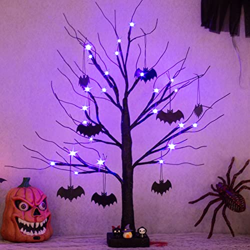 PEIDUO 2 FT Black Halloween Tree with 24 Purple Lights and 8 Bat Halloween Tree Ornaments Light up Bonsai Tree with Timer for Halloween Decorations Indoor Battery Powered