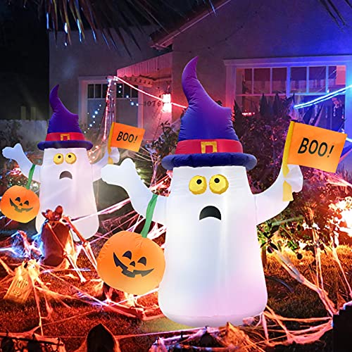 5FT Halloween Inflatable Decorations Outdoor Ghost with Pumpkin Lantern Witch Hat Blow Up Yard Decor for Holiday Party Garden Lawn Garden Outside