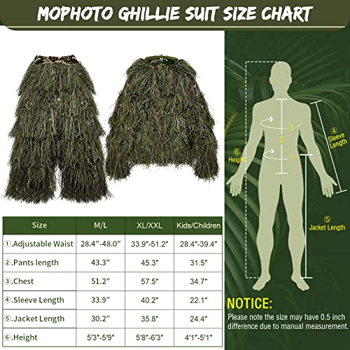 MOPHOTO 5 in 1 Ghillie Suit, 3D Camouflage Hunting Apparel Including Jacket, Pants, Hood, Carry Bag Suitable for Unisex Adults (S/M/L/XL/XXL)