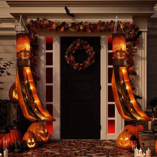 Frienda 2 Pack Halloween Pumpkin Windsock Flag with Warm Yellow LED Lights Outdoor Happy Halloween Hanging Decor for Yard Patio Garden Pathway Party Decoration