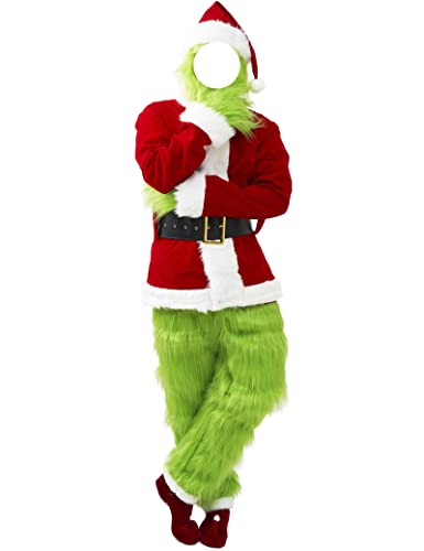 Earado Christmas Green Big Monster Santa Costume for Men 7 PCS Deluxe Furry Adult Santa Suit Xmas Holiday Outfit Set M
