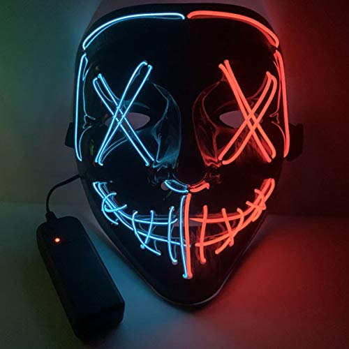 Halloween Scary Mask Cosplay Led Costume Mask,Light up for Halloween Festival Party, with 3 lighting Modes for Men Women Kid (Red+Blue)