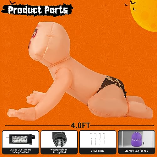 GOOSH 4FT Halloween Inflatable Outdoor Zombie Baby Blow Up Yard Decoration Clearance with LED Lights Built-in for Holiday/Party/Yard/Garden