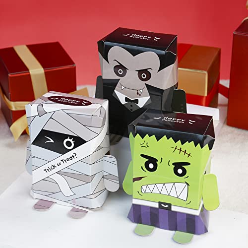 24 PCS Halloween Treat Boxes Red Pumpkin Spider, Ghost and Black Cat Cardboard Box 3.7 inches Halloween Boxes for Cookie Goodie Candy Sweet Crafts Party Favor Supplies (Vampire Mummy Frankenstein)