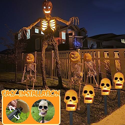Vanthylit 4PK Halloween Pathway Lights with 20LT Clear Bulbs Lights Skull Stakes Light for Outdoor Halloween Decorations