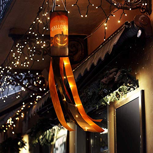 Frienda 2 Pack Halloween Pumpkin Windsock Flag with Warm Yellow LED Lights Outdoor Happy Halloween Hanging Decor for Yard Patio Garden Pathway Party Decoration