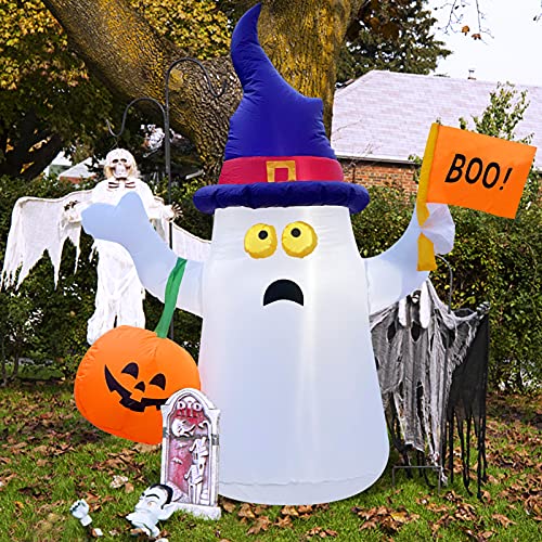 5FT Halloween Inflatable Decorations Outdoor Ghost with Pumpkin Lantern Witch Hat Blow Up Yard Decor for Holiday Party Garden Lawn Garden Outside