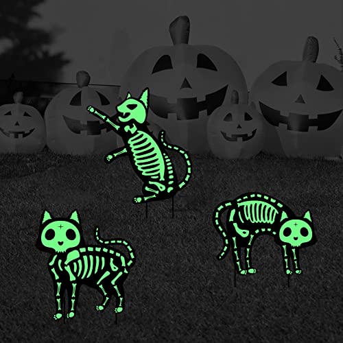 Outdoor Halloween Decorations Yard Signs - 5pcs Glow in the Dark Skeleton Black Cat Silhouette Lawn Signs with Stakes for Halloween Lawn Garden Front Yard Decorations Outside