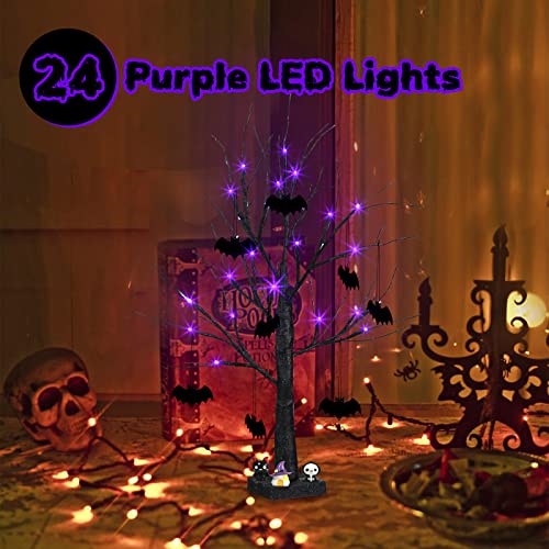 PEIDUO 2 FT Black Halloween Tree with 24 Purple Lights and 8 Bat Halloween Tree Ornaments Light up Bonsai Tree with Timer for Halloween Decorations Indoor Battery Powered