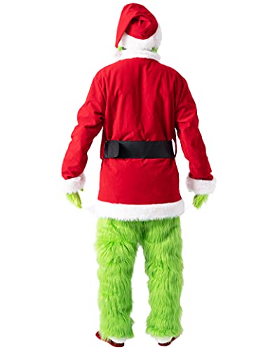 Earado Christmas Green Big Monster Santa Costume for Men 7 PCS Deluxe Furry Adult Santa Suit Xmas Holiday Outfit Set M