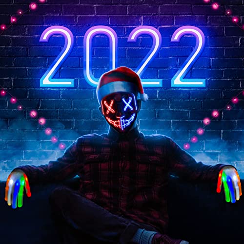 LED Purge Mask light up Skeleton Gloves Costumes, Light Up Halloween Mask and LED Gloves,Anonymous Hacker Scary Scream Halloween Mask Cosplay, Halloween Purge Costume for Men Kids Boys-( Red & Blue)