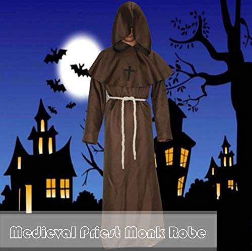 Monk Costume Adult Men Halloween Cosplay Monk Costume Adult Men Brown Monk Costume Aadult Men Hooded Cloak Monk Costume Aadult Men Medival Renaissance Priest Monk Costume Aadult Men Wizard Cape…