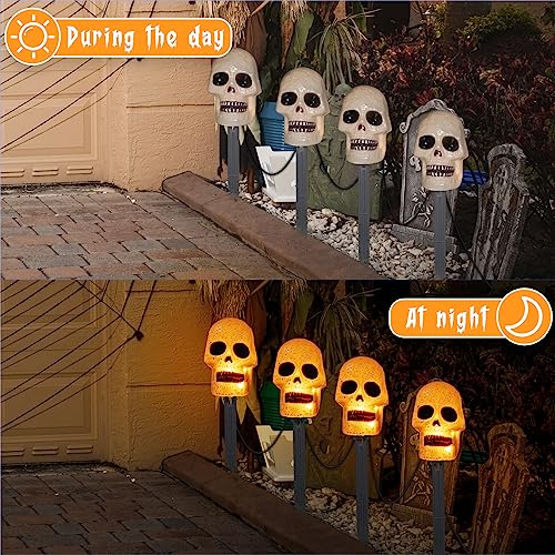 Vanthylit 4PK Halloween Pathway Lights with 20LT Clear Bulbs Lights Skull Stakes Light for Outdoor Halloween Decorations