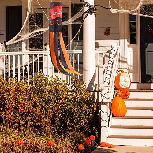 Frienda 2 Pack Halloween Pumpkin Windsock Flag with Warm Yellow LED Lights Outdoor Happy Halloween Hanging Decor for Yard Patio Garden Pathway Party Decoration