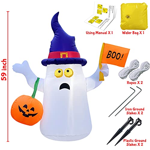 5FT Halloween Inflatable Decorations Outdoor Ghost with Pumpkin Lantern Witch Hat Blow Up Yard Decor for Holiday Party Garden Lawn Garden Outside
