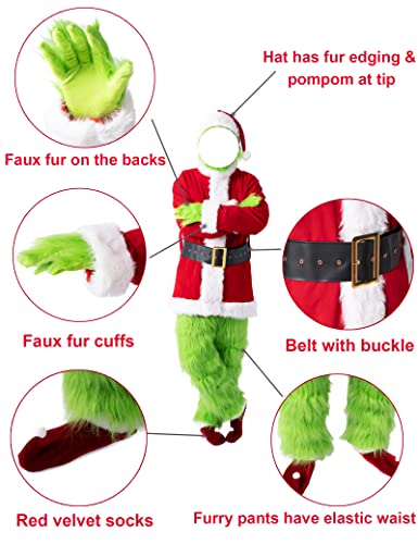 Earado Christmas Green Big Monster Santa Costume for Men 7 PCS Deluxe Furry Adult Santa Suit Xmas Holiday Outfit Set M