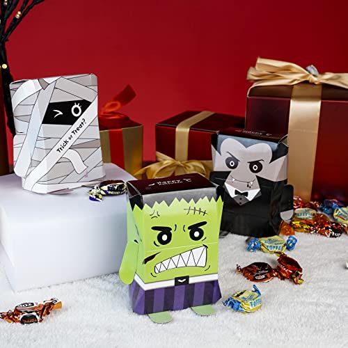 24 PCS Halloween Treat Boxes Red Pumpkin Spider, Ghost and Black Cat Cardboard Box 3.7 inches Halloween Boxes for Cookie Goodie Candy Sweet Crafts Party Favor Supplies (Vampire Mummy Frankenstein)