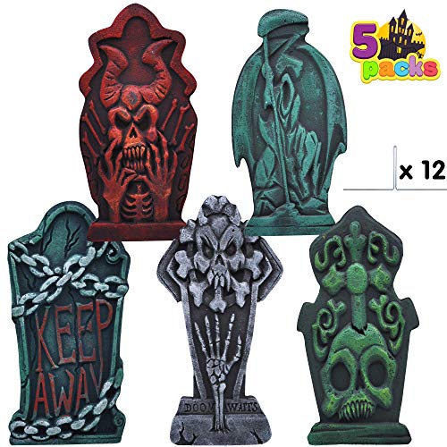 JOYIN 17” Halloween Foam Graveyard Tombstone (5 Pack), Headstone with Different Styles and Bonus Metal Stakes for Outdoor Indoor Halloween Yard Decorations