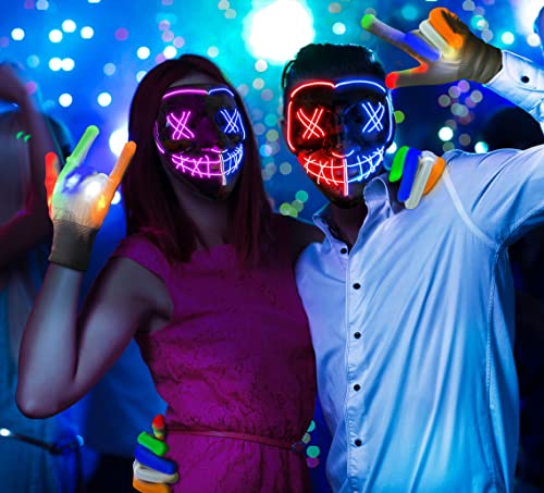 LED Purge Mask light up Skeleton Gloves Costumes, Light Up Halloween Mask and LED Gloves,Anonymous Hacker Scary Scream Halloween Mask Cosplay, Halloween Purge Costume for Men Kids Boys-( Red & Blue)