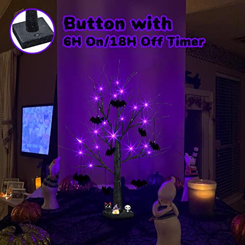 PEIDUO 2 FT Black Halloween Tree with 24 Purple Lights and 8 Bat Halloween Tree Ornaments Light up Bonsai Tree with Timer for Halloween Decorations Indoor Battery Powered